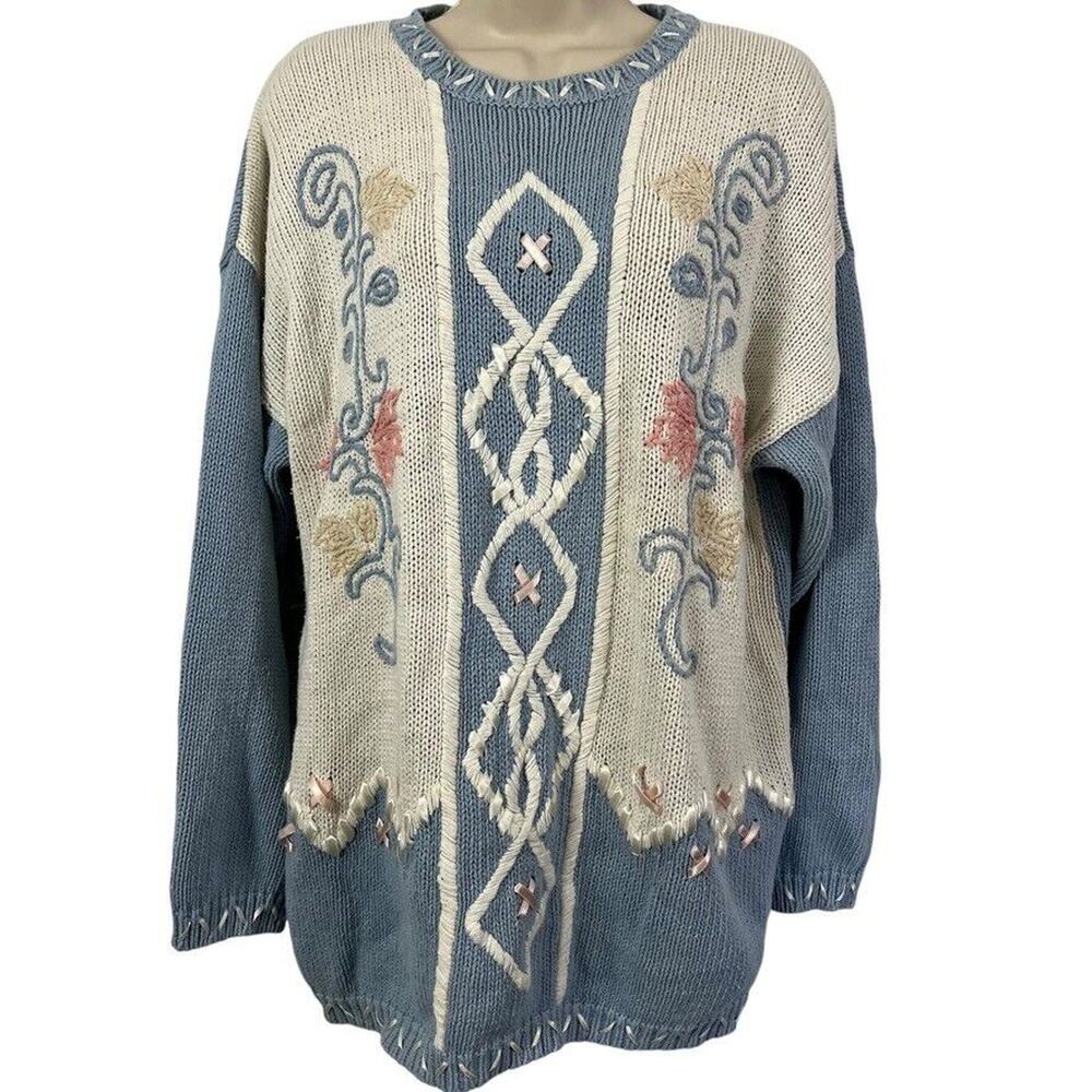 Gina Peters Womens Vintage Blue Embroidered Cottagecore Chunky Knit Sweater sz L